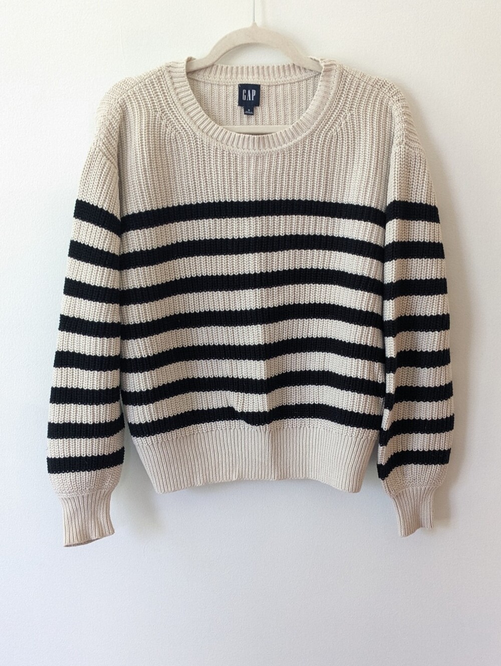 Gap 100% Cotton Black and Cream Striped Shaker Stitch Sweater